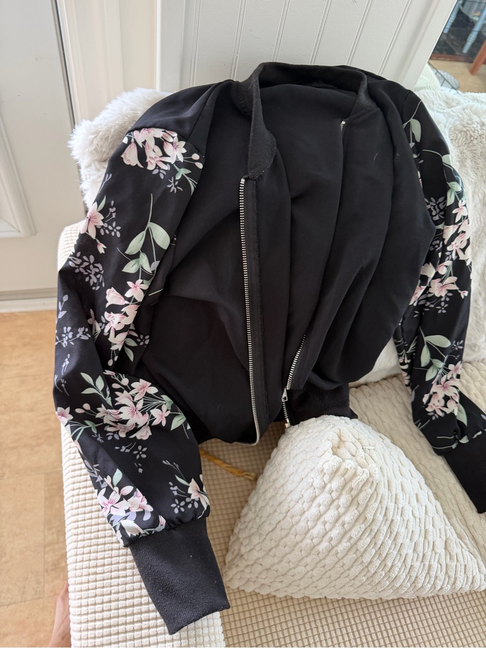 Floral Sleeve Black Bomber Jacket - Women